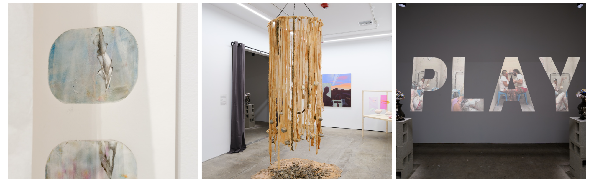 Three images showcase distinct rooms, each featuring unique artwork displayed on the walls.