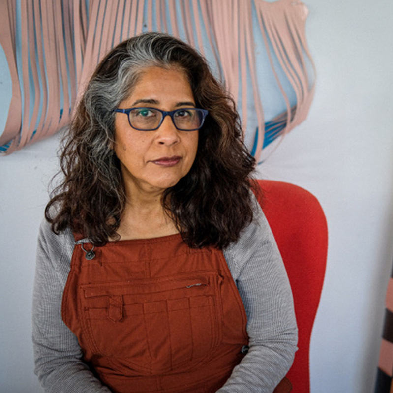 Visual artist and community arts educator Pilar Aguero-Esparza presenting a collection of mixed-media and leather work.