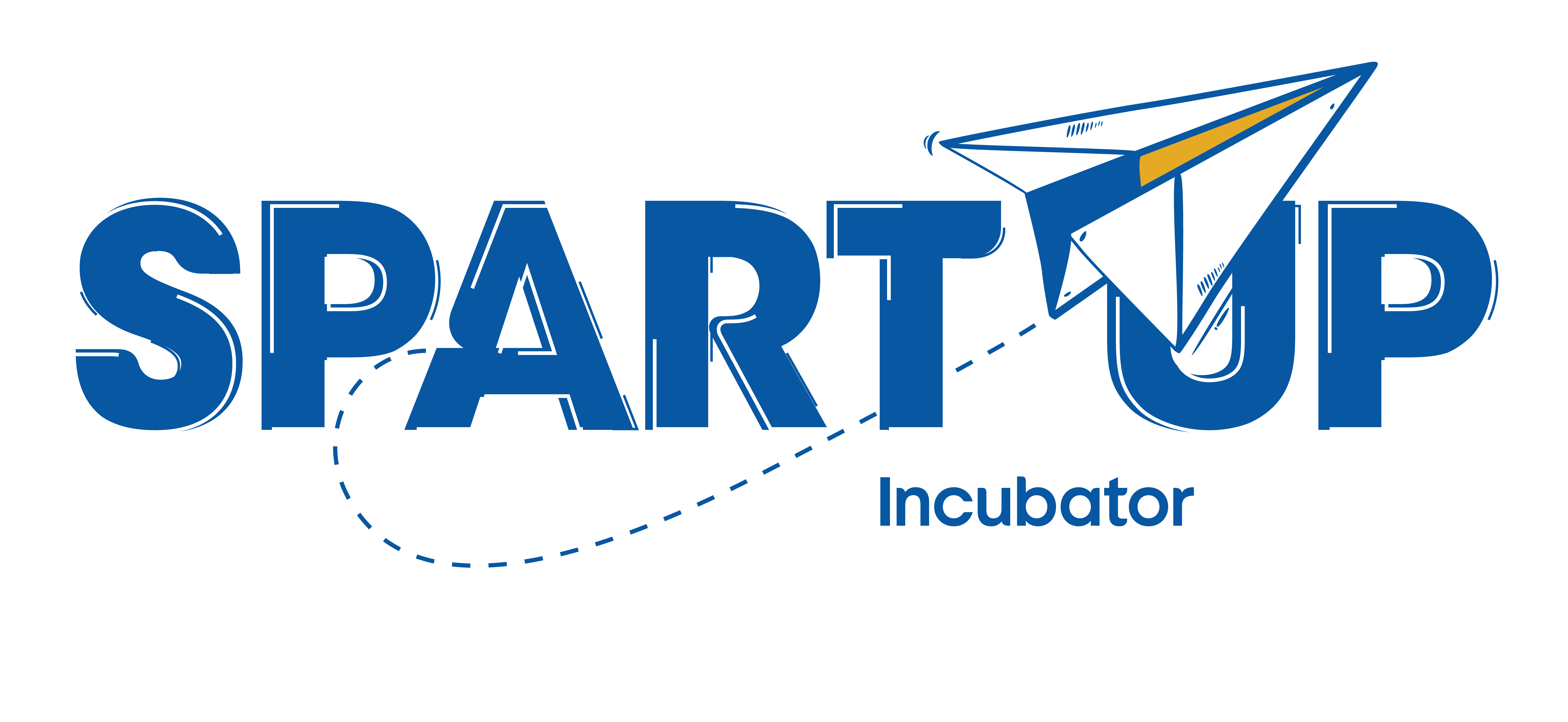 The SpartUp logo: Block letters spell the words Spart and Up, and a cartoon-style paper airplane bisects the words, a dotted line indicating its path. The SpartUp logo: Block letters spell the words Spart and Up, and a cartoon-style paper airplane bisects the words, a dotted line indicating its path.