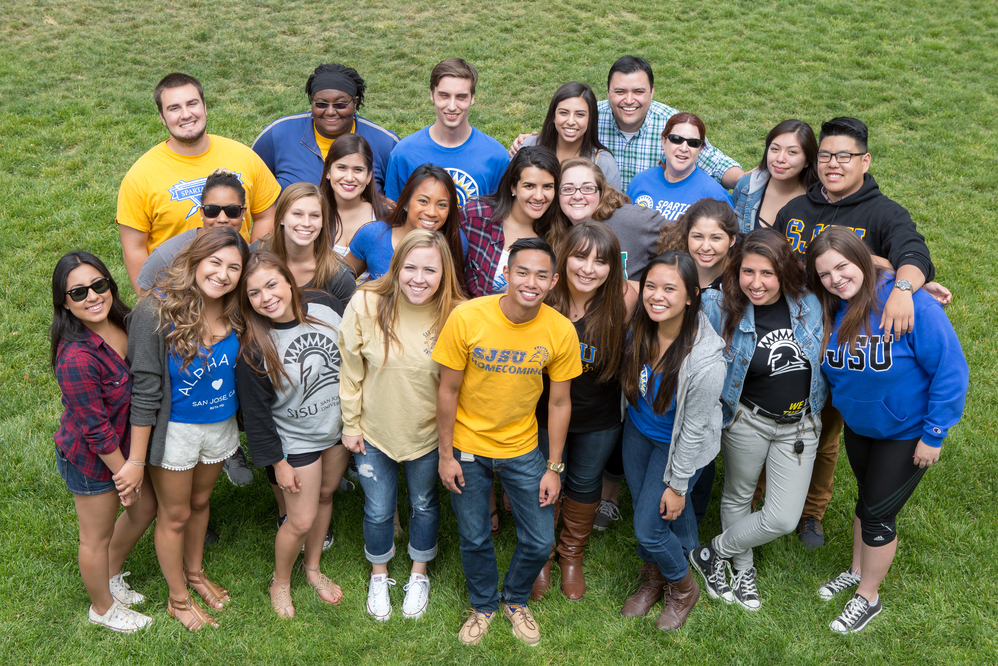 Group of San José State University students smiling and enjoying campus life