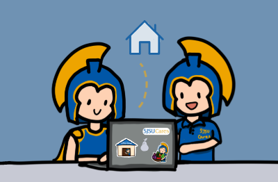 Sammy Spartan wearing SJSU Cares polo helping other Sammy Spartan with Housing on Laptop