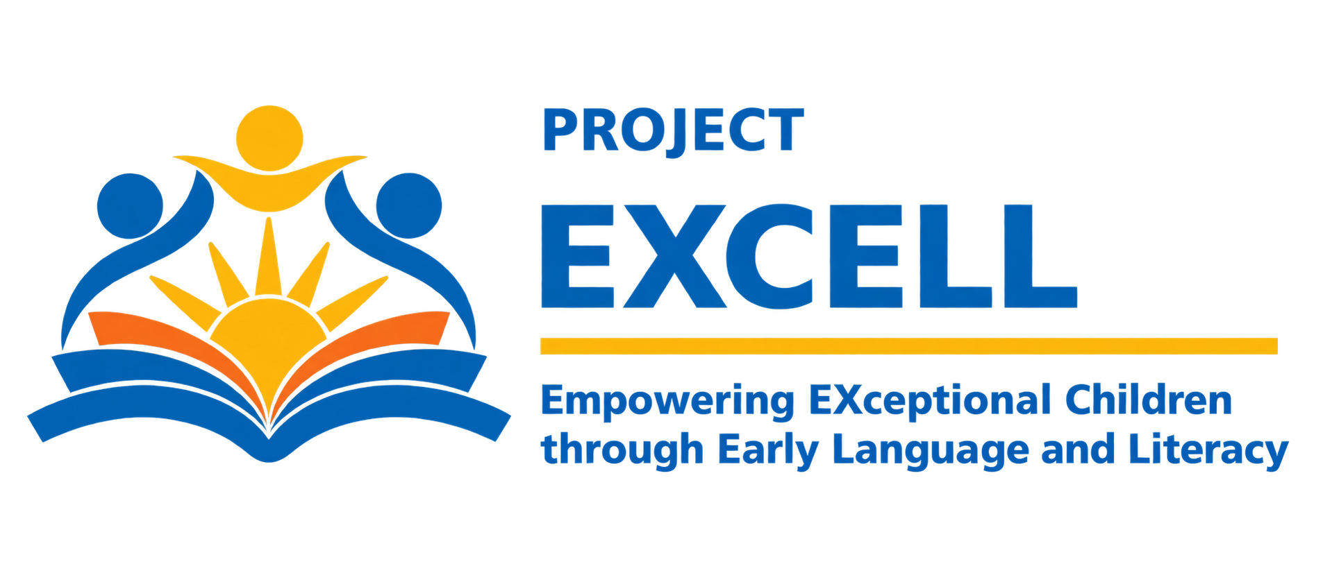Project EXCELL Logo with books and 3 people icon and blue text stating Empowering EXceptional Children through Early Language and Literacy