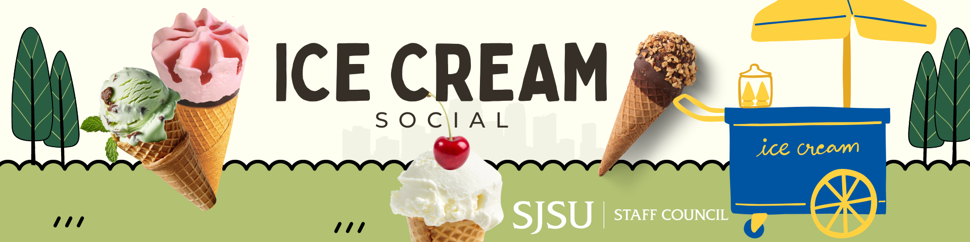 Banner with ice cream cones and outdoor flora