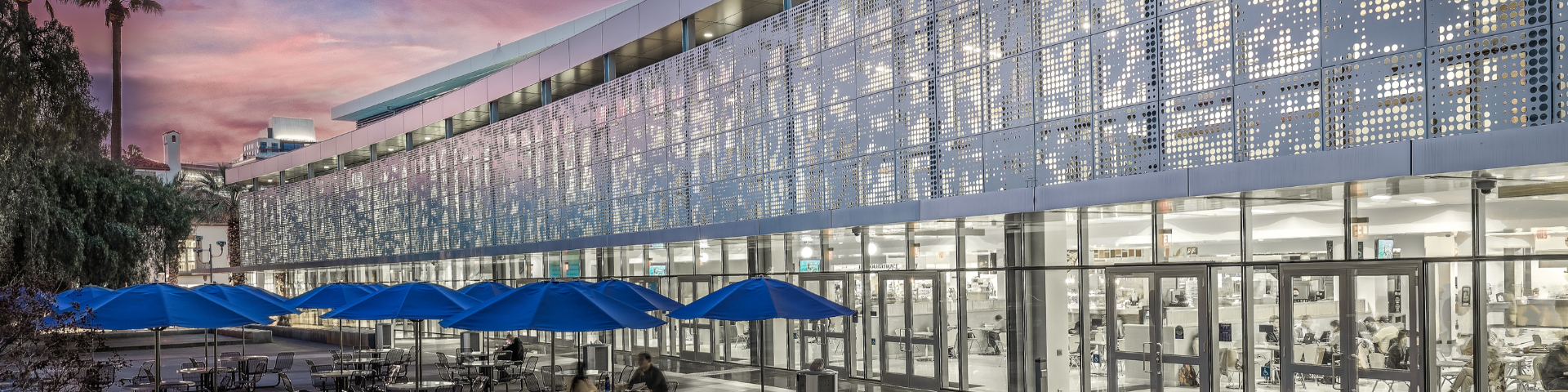outside of the student union during sunset